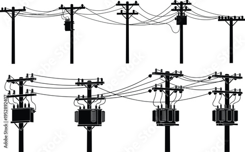Vector silhouette set of electric utility poles with transformers, overhead power lines, electrical grid distribution, and industrial energy infrastructure poles.
