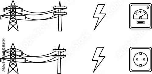 Electricity icon set featuring transmission towers, power lines, lightning bolt symbols, electric meter, and power outlet for energy infrastructure design.
