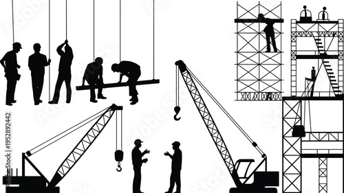 Construction workers silhouettes vector illustration, crane lifting operations and scaffolding builders, industrial labor activity set, black human figures isolated, engineering workforce concept