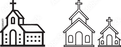 Set of 3 Church Building Icons Vector in Black Outline Style, Featuring Christian Crosses on Roofs for Religious and Community Themes