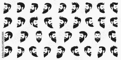 Man face portrait with full beard moustache and haircut black silhouette vector collection .vector icon
