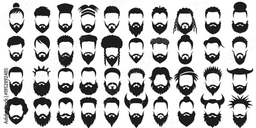 Man face portrait with full beard moustache and haircut black silhouette vector collection .vector icon
