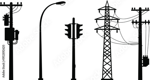 Vector silhouette set featuring electric utility poles, transmission tower, street light, and traffic signal for urban infrastructure and power grid.