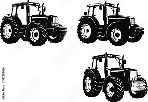 Agricultural tractor icons set with different perspectives isolated on white background farming machinery vector illustration collection
