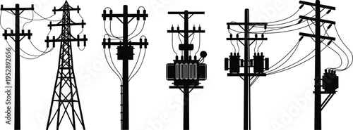 Vector silhouette set of high voltage transmission towers, electric utility poles with transformers, power lines, and electrical grid infrastructure equipment.