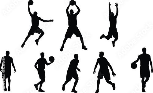 Basketball player silhouette set dribbling jumping shooting sport athlete action isolated collection flat vector illustration design