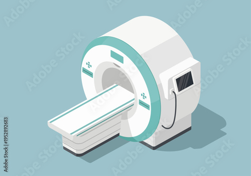 A minimalist isometric vector illustration of a modern white and teal MRI medical scanner featuring a wide central tunnel, an extended sliding patient bed, and an attached touchscreen digital monitor
