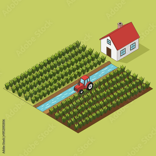 Isometric view of a farm with a tractor, crops, a water canal, and a house.