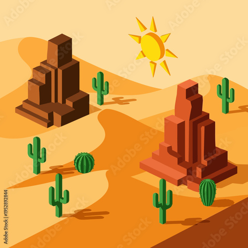 Isometric desert landscape illustration featuring rock formations, cacti, and a bright sun.