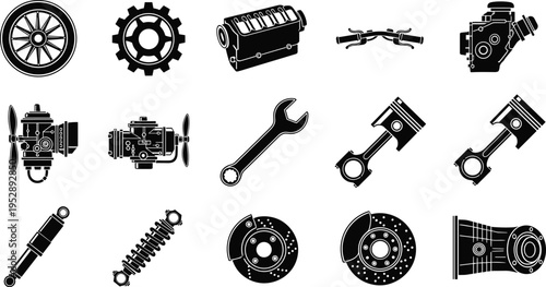 Automotive parts and mechanical components silhouette set including engine piston brake disc and suspension isolated on white background vehicle engineering vector illustration collection