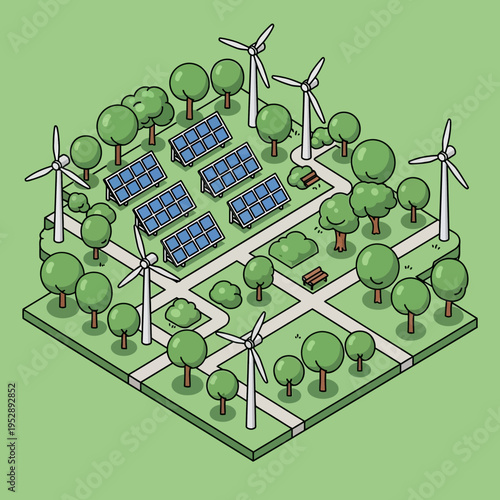 Isometric illustration of a sustainable city with solar panels, wind turbines, and green spaces.