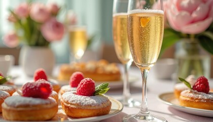 Table set with champagne flutes and berry pastries. Festive brunch setup for special occasion. Celebration meal with sweet treats and bubbly drink.
