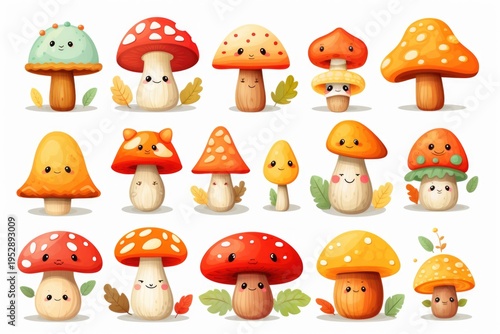 A group of cute cartoon mushrooms with expressive faces and vibrant green leaves. Perfect for adding a touch of whimsy and charm to any project or design.