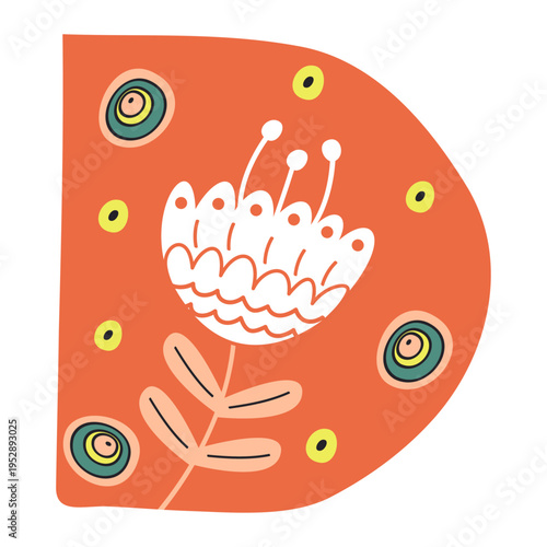 Scandinavian style alphabet D with floral motifs as decoration, zoo and nature nuances, and hand-drawn colored letters, png transparent background