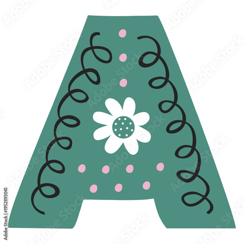Scandinavian style alphabet A with floral motifs as decoration, zoo and nature nuances, and hand-drawn colored letters, png transparent background