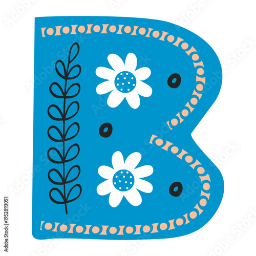 Scandinavian style alphabet B with floral motifs as decoration, zoo and nature nuances, and hand-drawn colored letters, png transparent background