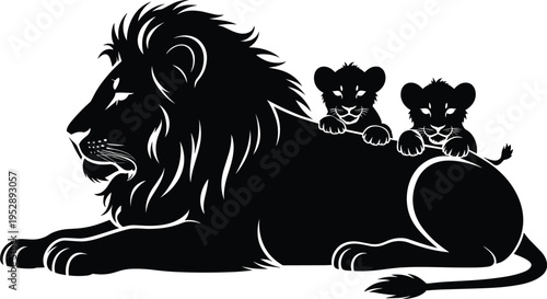 Lion silhouette with two cubs resting on his back representing paternal protection wildlife family bond and king of the jungle