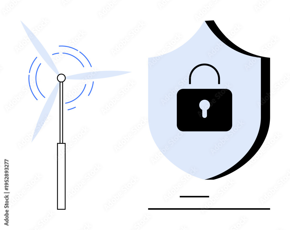 Fototapeta premium Renewable energy, cybersecurity, environmental protection, sustainable technology, data privacy, eco-technology. A wind turbine and security shield with lock icon. Renewable energy and cybersecurity