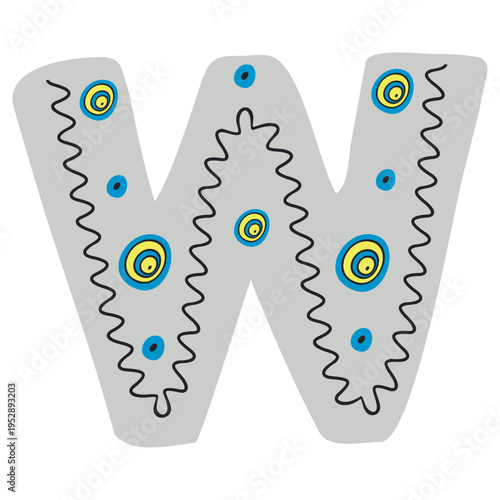 Scandinavian style alphabet W with floral motifs as decoration, zoo and nature nuances, and hand-drawn colored letters, png transparent background