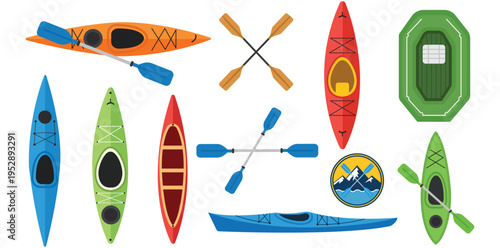 Kayaks and Paddles: An assortment of colorful kayaks and paddles displayed. Showing different styles and designs, inviting outdoor adventures. 