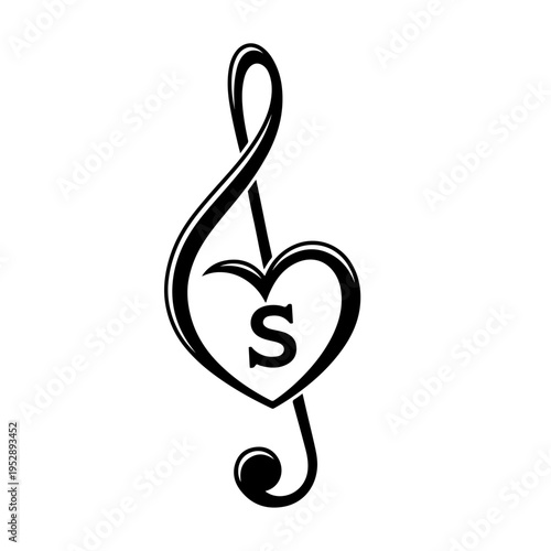 Musical Treble Clef Integrated with Heart Shape and Letter S Monogram, Black and White Vector Monogram S with Treble Clef and Heart Icon
