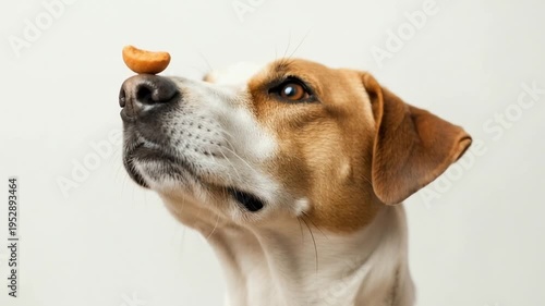 Dog balancing a treat on its nose while looking up in studio setting  