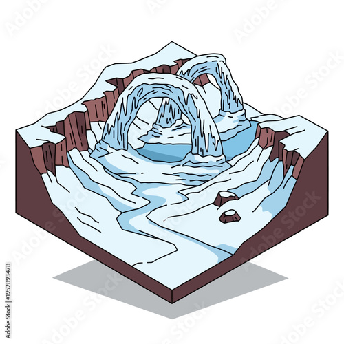 Isometric illustration of a snowy landscape featuring ice arches and a flowing river.