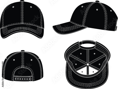 Detailed vector illustration of baseball cap from multiple perspectives including front, side, back, and bottom views, highlighting brim, 