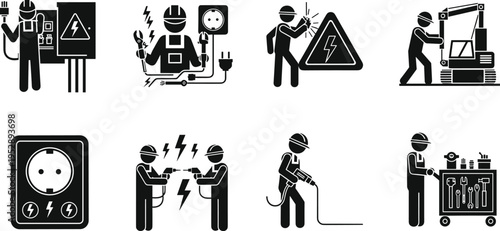 Electrician worker and electrical service silhouette icon set featuring repair, wiring and maintenance activities isolated on white background, professional industry vector illustration collection