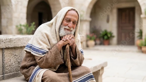 Elderly man dressed in period clothing sitting with a wooden walking stick outdoors. Biblical patriarch character resting in a stone courtyard during ancient time.
