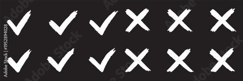 Check tick mark icon set. Cross box x check mark checkbox list vector draw hand drawn sketch doodle brush marker checklist symbol wrong right circle. hand drawn, grunge X sign. hand drawn tick mark