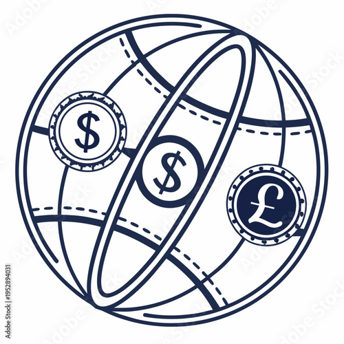A globe with dollar and pound coins