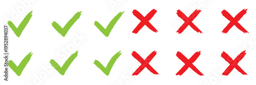 Check tick mark icon set. Cross box x check mark checkbox list vector draw hand drawn sketch doodle brush marker checklist symbol wrong right circle. hand drawn, grunge X sign. hand drawn tick mark