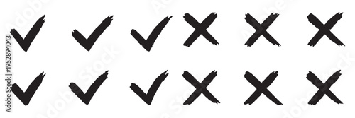 Check tick mark icon set. Cross box x check mark checkbox list vector draw hand drawn sketch doodle brush marker checklist symbol wrong right circle. hand drawn, grunge X sign. hand drawn tick mark
