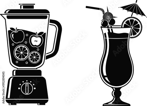 Fruit blender and tropical cocktail glass illustration, fresh juice preparation and summer beverage drink icon set, black and white vector design