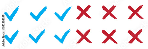 Check tick mark icon set. Cross box x check mark checkbox list vector draw hand drawn sketch doodle brush marker checklist symbol wrong right circle. hand drawn, grunge X sign. hand drawn tick mark