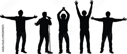 Black silhouette vector illustration of five expressive human figures in varied poses including singing, raised arms, extended arms, symbolic communication gestures