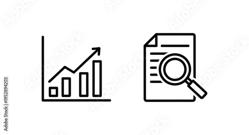 Content performance and performance report icons: growing bar chart and document with magnifying glass
