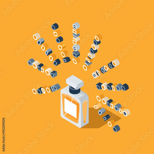 Isometric illustration of a perfume bottle with radiating scent particles, orange background.