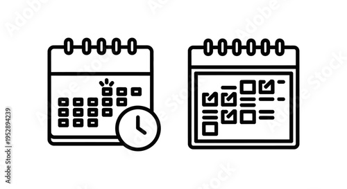 Show schedule calendar and checklist calendar icons: date planner with clock and marked tasks