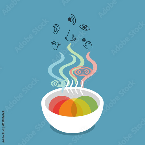 Illustration depicting the five senses, represented by icons above a bowl of colorful food.