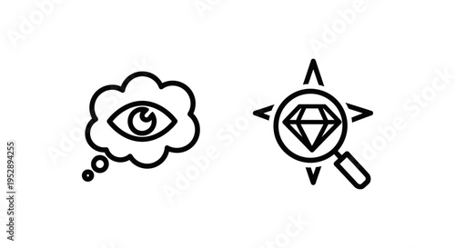 Brand discovery and awareness stage icons: eye in thought bubble and diamond under magnifying glass