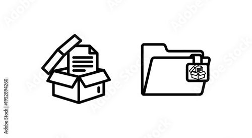 Digital archive icons: document in box and folder, representing content management and data storage concepts