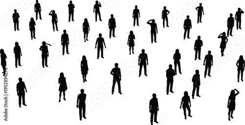 Silhouette illustration of diverse group of people standing and walking in various poses, symbolizing individuality, crowd dynamics, anonymity, and human posture variations