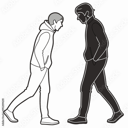 A black and white illustration of two men walking