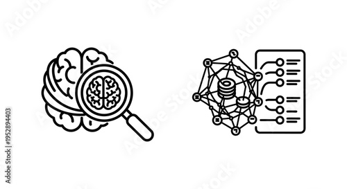 Brain with magnifying glass for AI explainability and network graph with data for model interpretability, showcasing artificial intelligence concepts