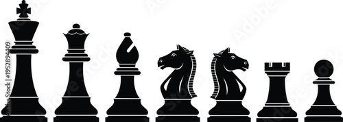 Silhouette illustration of chess pieces including king, queen, bishop, knights, rook, and pawn, symbolizing strategy, competition, hierarchy, and classic board game design