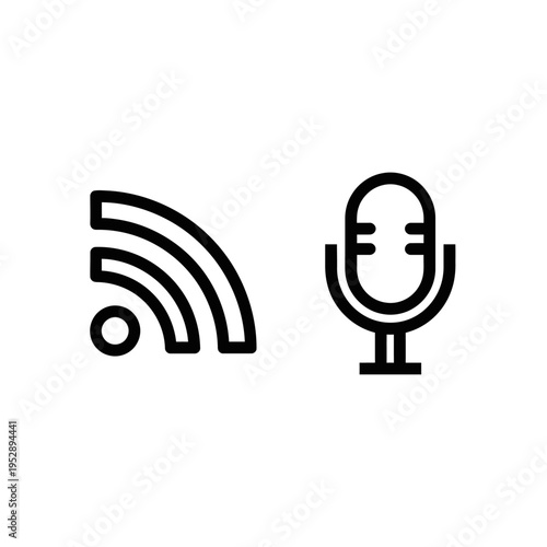 Wi-fi signal icon and microphone icon, representing wireless connection, broadcasting, and audio recording, clean vector graphics