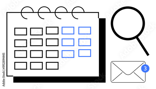 Calendar with a spiral top, magnifying glass for search, and email envelope with notification badge. Ideal for time management, scheduling, organization, communication, reminders, email alerts
