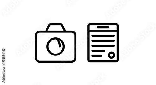 Camera icon and document icon with seal, representing photography and official documentation or certification, clean vector graphics